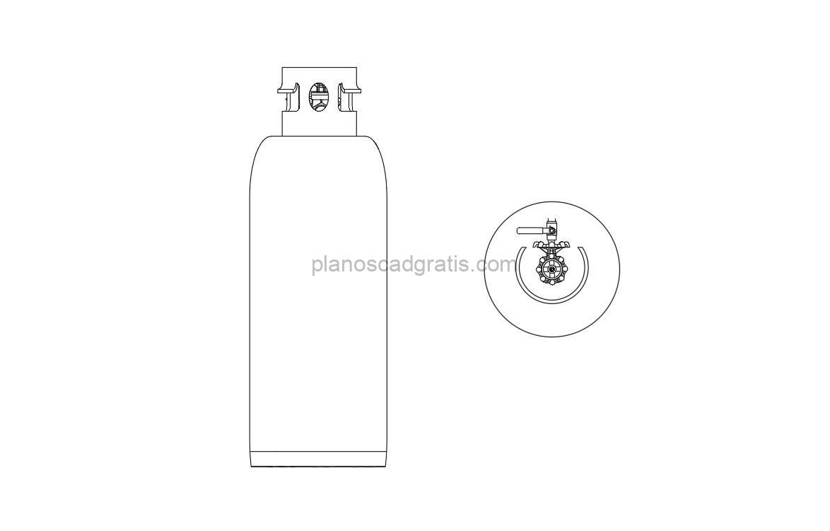 Tanque de gas de cocina dibujo de autocad en formato dwg, vistas 2d en planta, alzado frontal y lateral para descarga gratis