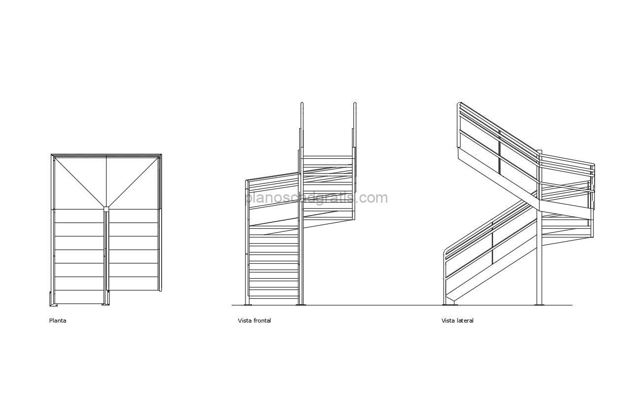 escalera abanico archivo de autocad con vistas 2d en planta y alzado frontal y lateral para descarga gratis