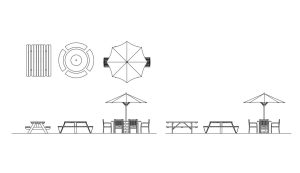 mesas de picnic dibujo de autocad, vistas en planta y alzados, archivo dwg para descarga gratis