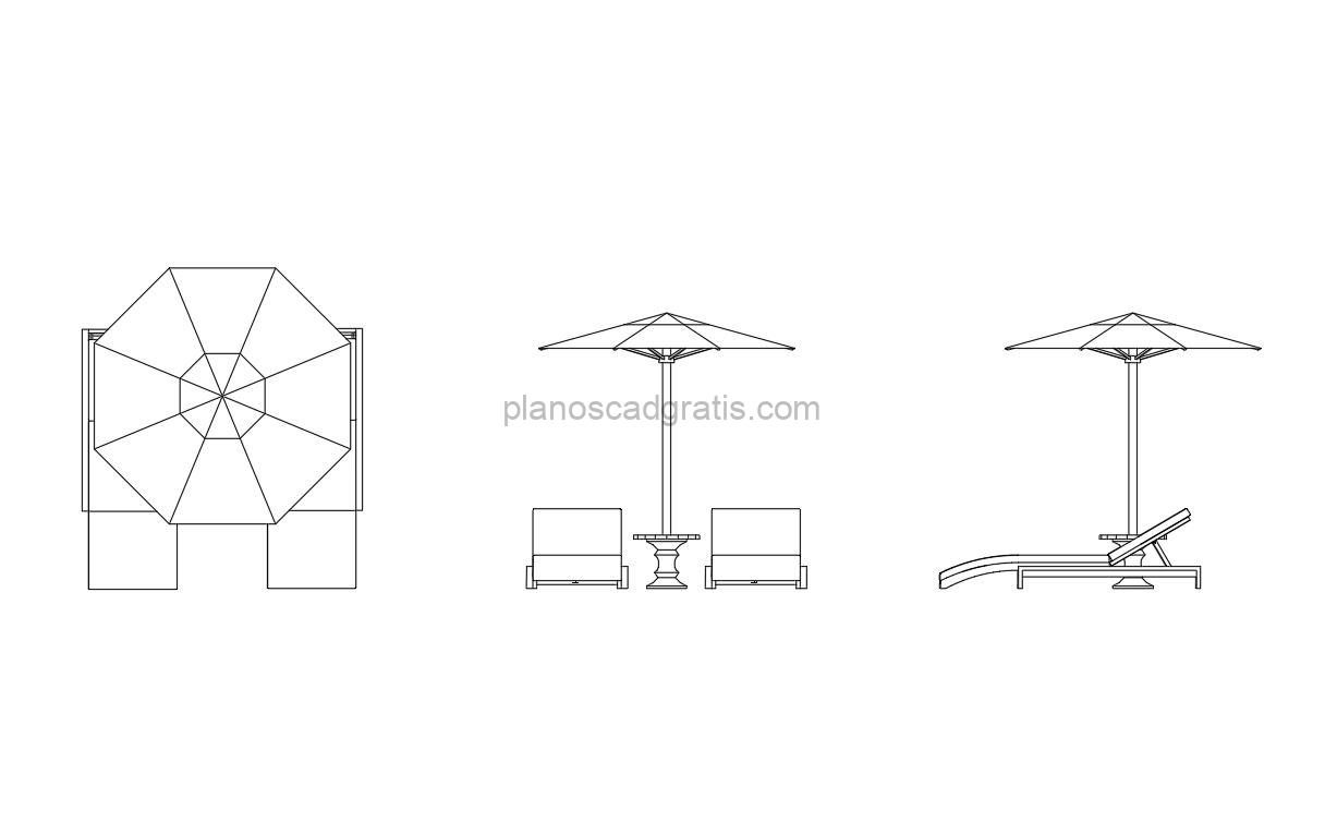 sombrilla de playa dibujo de autocad, vistas en planta y alzado frontal y lateral, archivo dwg para descarga gratis