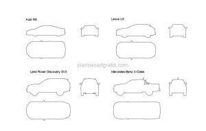 siluetas de coches dibujo de autocad vistas en planta y elevaciones, archivo dwg para descarga gratis