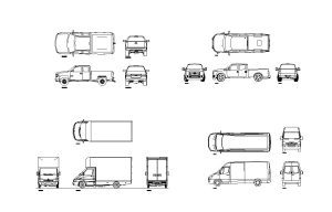 camionetas de carga dibujo de autocad con vistas en planta y alzados, archivo dwg para descarga gratis